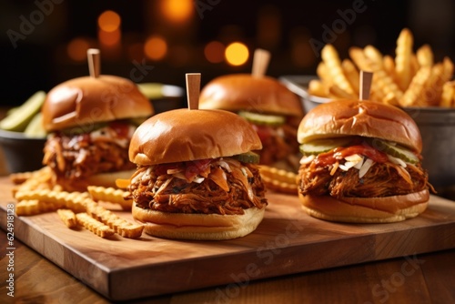 bbq pulled pork sliders with a side of fries, created with generative ai