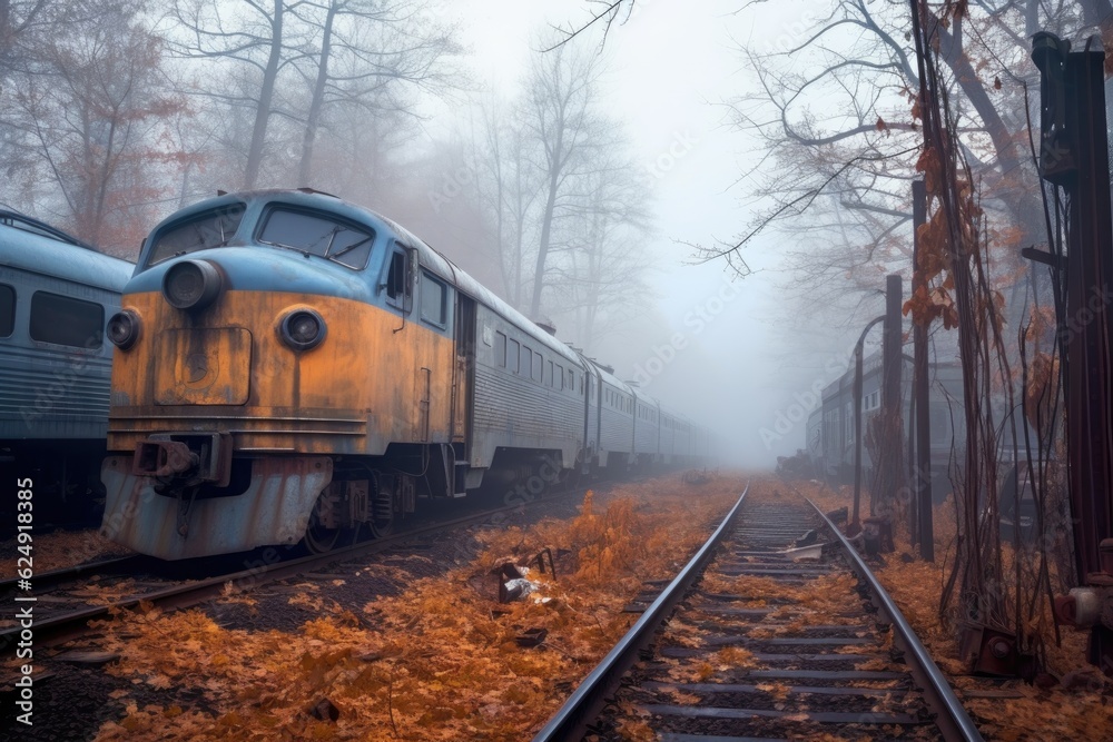 Fototapeta premium eerie fog rolling through the train graveyard, created with generative ai