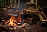 campfire with rustic outdoor cooking setup for cioppino, created with generative ai