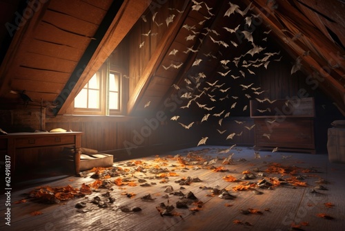 bat droppings scattered on attic floor, created with generative ai photo