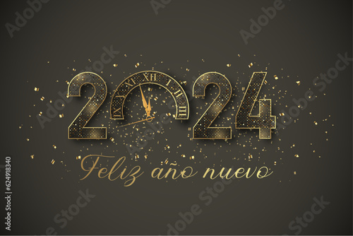 tarjeta o pancarta para desear un feliz año nuevo 2024 en gris y dorado el 0 se reemplaza por un reloj en un fondo gris con brillo y estrellas doradas