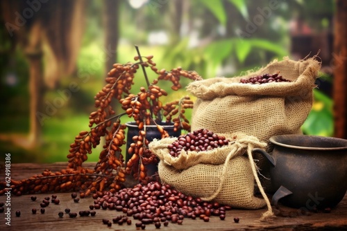 coffee beans in a burlap sack with plantation background, created with generative ai