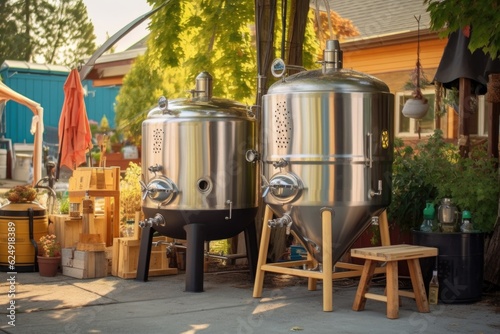 brewing kettle and fermenters in outdoor setting, created with generative ai