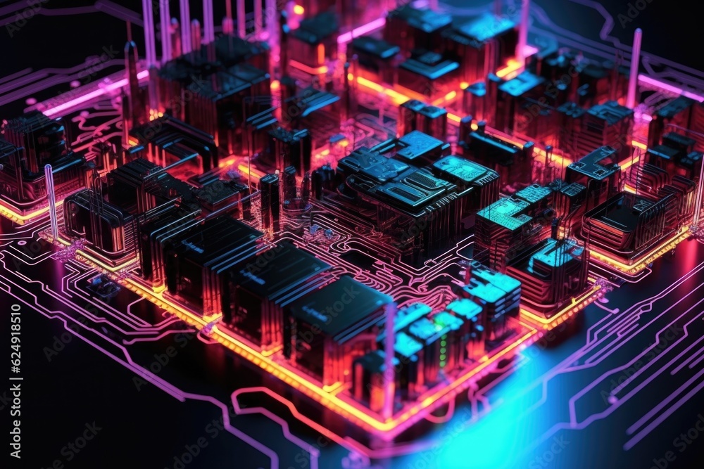 neon-lit digital circuit board design, created with generative ai