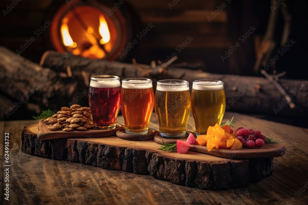 beer flight resting on a rustic log by the fire, created with generative ai