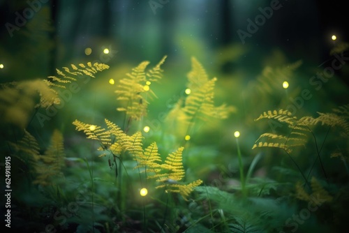 soft focus of fireflies glowing around forest ferns, created with generative ai