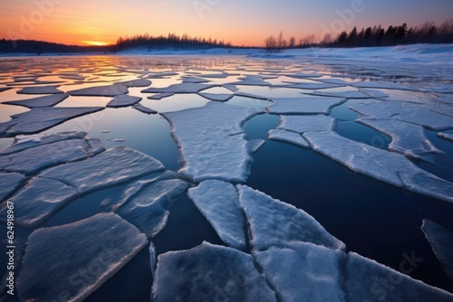 frozen lake surface with cracks and air bubbles, created with generative ai