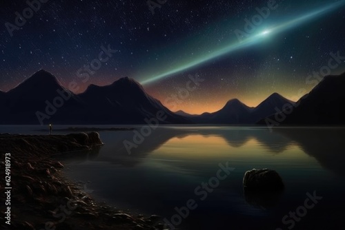 comet reflecting on calm lake with mountains in the distance, created with generative ai