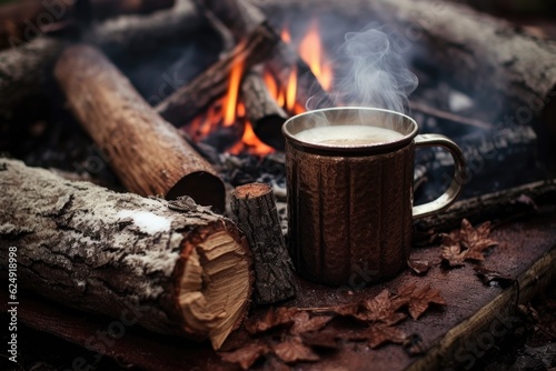 close-up of hot chocolate in rustic mug near campfire, created with generative ai