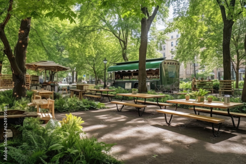 food truck in a park with picnic tables and greenery, created with generative ai