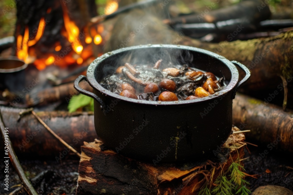 cooking pot with mushroom stew over campfire, created with generative ai cooking pot with mushroom stew over campfire, created with generative ai