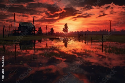 dramatic sunset over a flooded rural landscape, created with generative ai