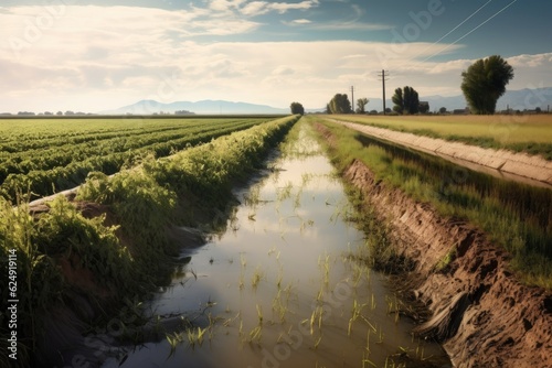 flooded irrigation canal overflowing into adjacent field, created with generative ai