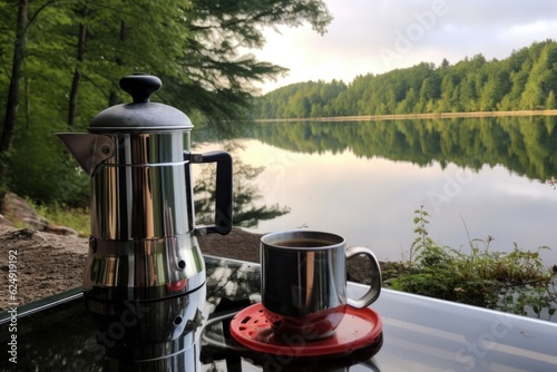 percolator coffee brewing by a tranquil lakeside, created with generative ai photo