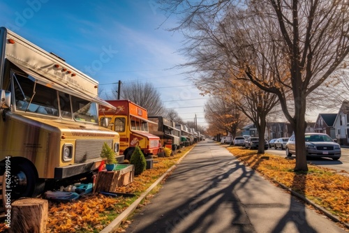 wide-angle shot of a row of diverse food trucks, created with generative ai