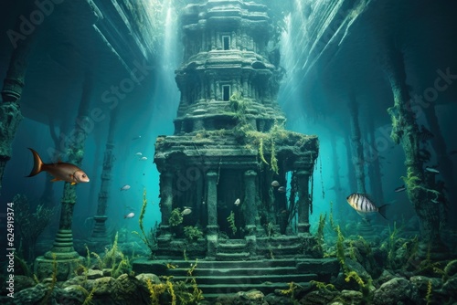 abandoned underwater temple with aquatic life, created with generative ai © altitudevisual