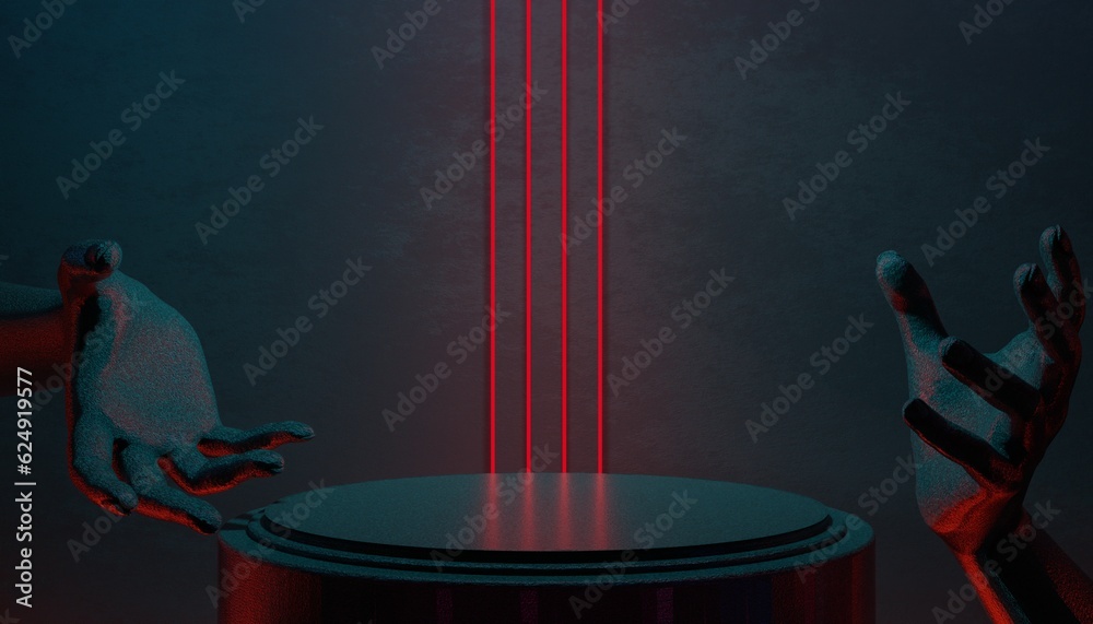 Naklejka premium 3d illustration rendering of technology futuristic cyberpunk display, gaming scifi stage pedestal background, gamer banner sign of neon glow stand podium for product sale
