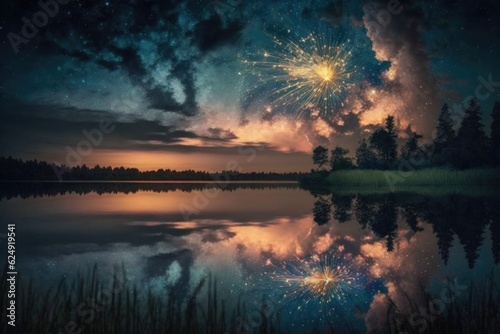 fireworks display above tranquil summer night sky, created with generative ai