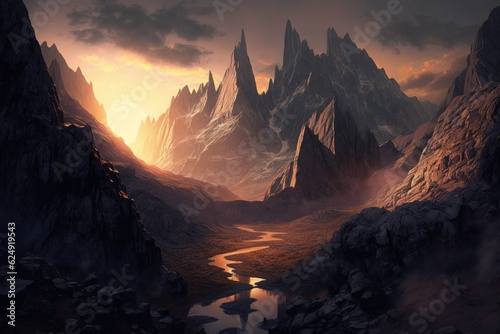 majestic mountain range, with the sun setting behind it, providing a tranquil contrast to the rugged peaks, created with generative ai © altitudevisual