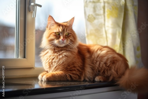 happy cat sitting on windowsill, with view of sunny day, created with generative ai