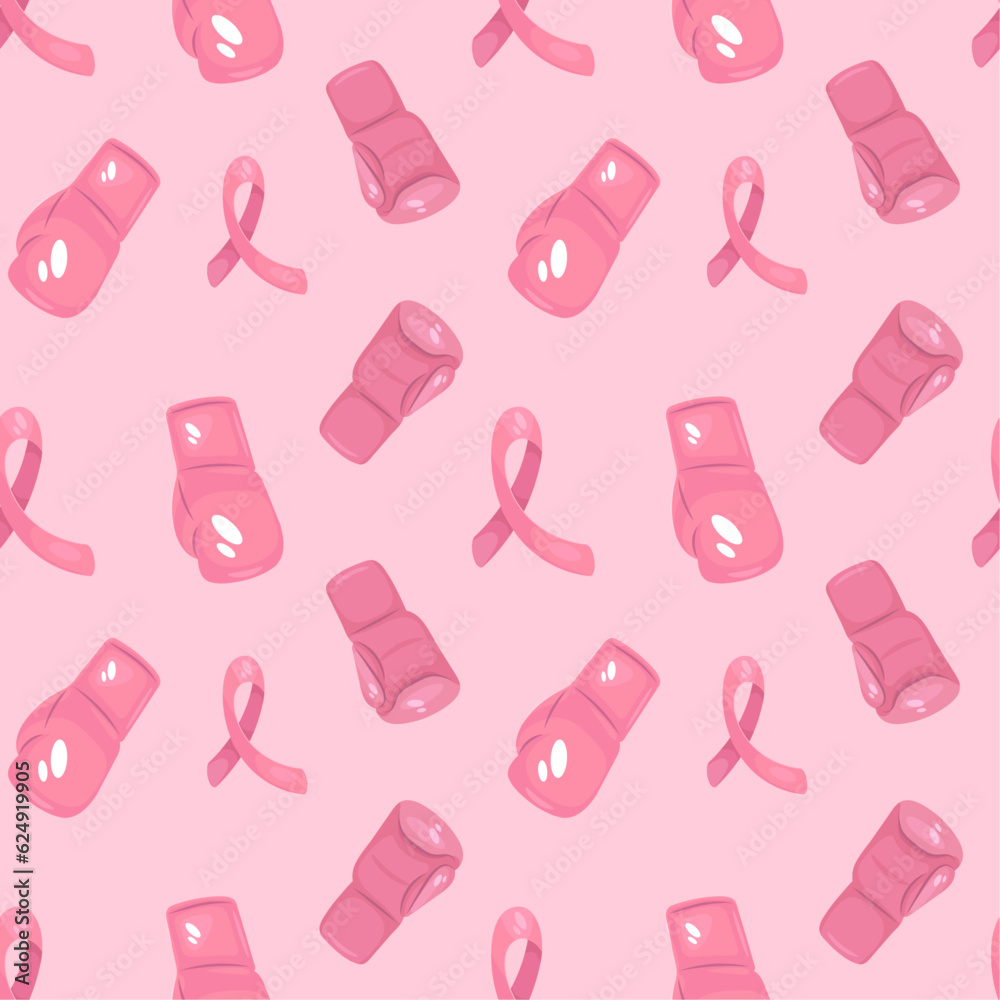 Breast cancer awareness month seamless pattern with pink ribbon and gloves Breast cancer awareness month seamless pattern with pink ribbon and gloves
