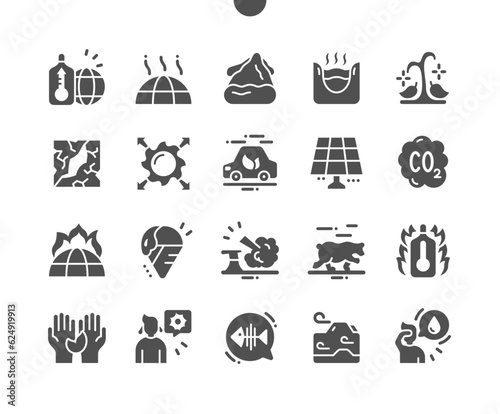 Global warming. Dry plant. Planet temperature. Solar panels and electric car. Ecology problem. Vector Solid Icons. Simple Pictogram
