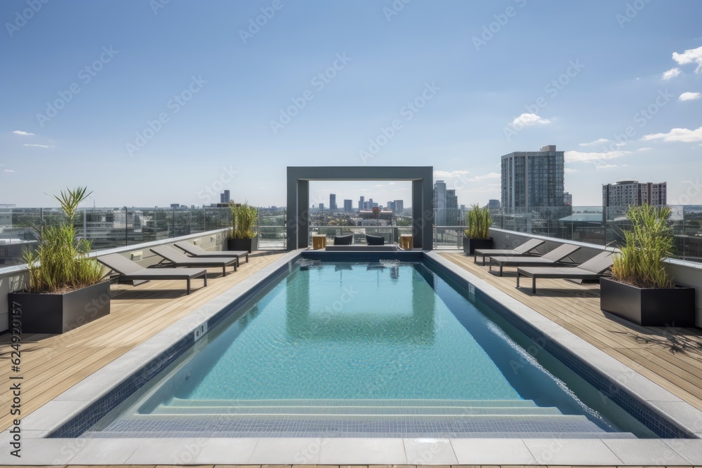 high-rise with rooftop pool and lounging area, surrounded by breathtaking city views, created with generative ai