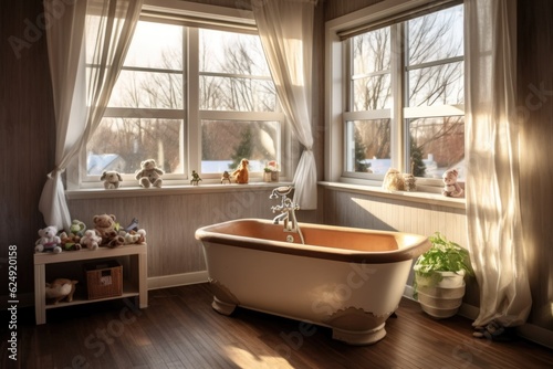 baby bathtub next to a window with natural light  created with generative ai