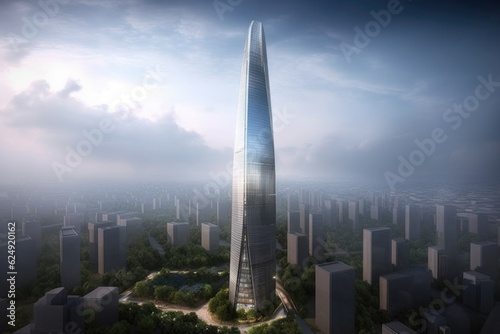 architectural rendering of futuristic skyscraper with cutting-edge technology and sleek design, created with generative ai