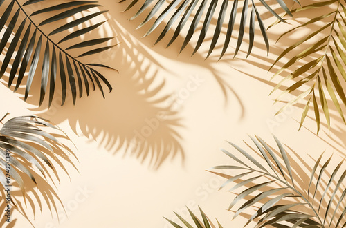 Top view of tropical leaves and shadow on sand color background. Flat lay. Minimal summer concept with palm tree leaf. Copy space. Generative AI