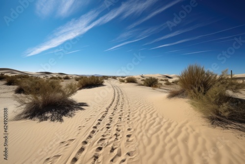 scenic road trip through the desert, with endless sand dunes and blue skies, created with generative ai