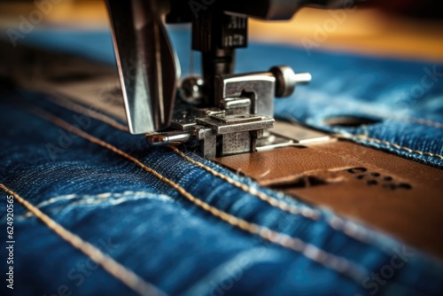 close-up of sewing machine stitching denim fabric, created with generative ai