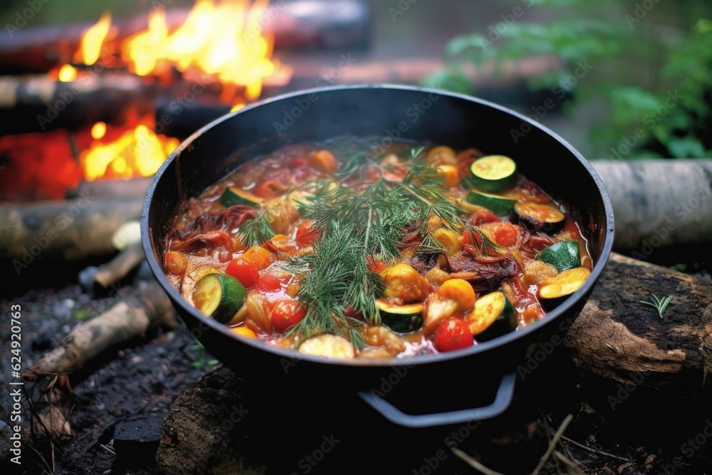 campfire with a pot of ratatouille cooking over it, created with generative ai