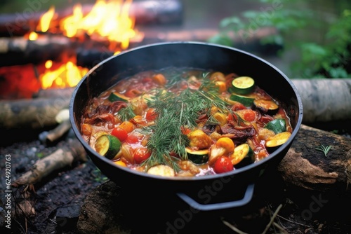 campfire with a pot of ratatouille cooking over it, created with generative ai