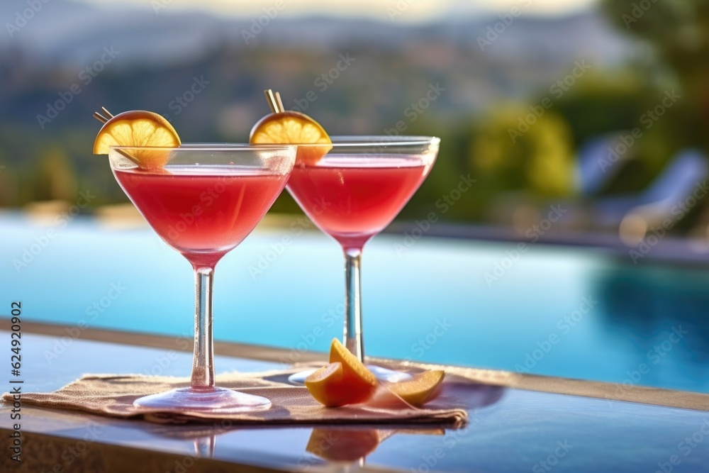 refreshing cosmopolitan cocktails in elegant glasses by poolside, created with generative ai