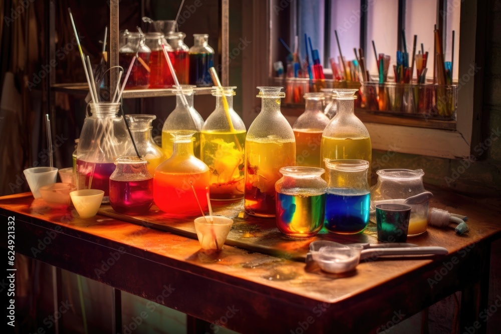 lab equipment with colorful liquids on a table, created with generative ai lab equipment with colorful liquids on a table, created with generative ai