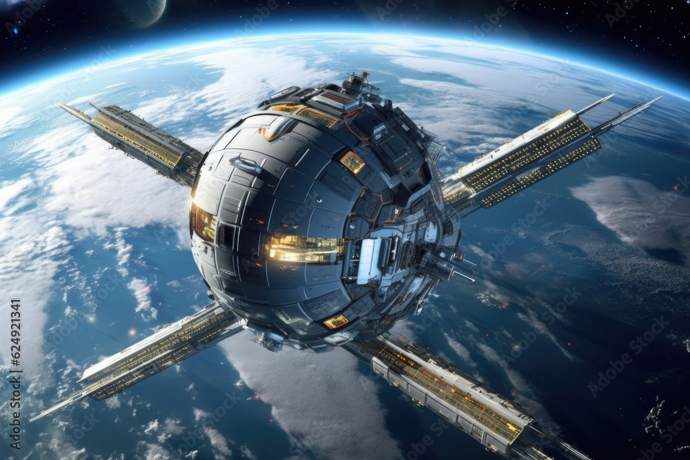 Obraz premium futuristic space station orbiting earth, created with generative ai