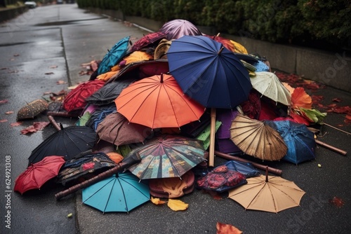 umbrella parts scattered on a sidewalk, created with generative ai