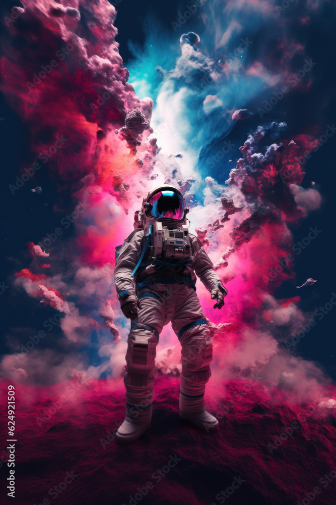 Astronaut in the front of colorful pink and blue clouds