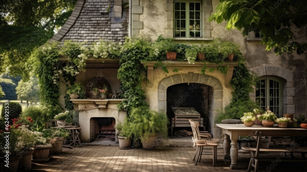 an Exterior of a quaint French Chateau, country living, and Architectural-themed image as a JPG horizontal format.Generative AI