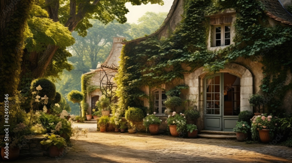 an Exterior of a quaint French Chateau, country living, and Architectural-themed image as a JPG horizontal format.Generative AI