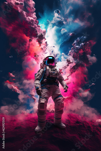 Astronaut in the front of colorful pink and blue clouds