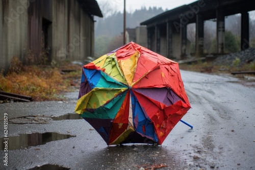 colorful broken umbrella in contrast with a gray  rainy backdrop  created with generative ai