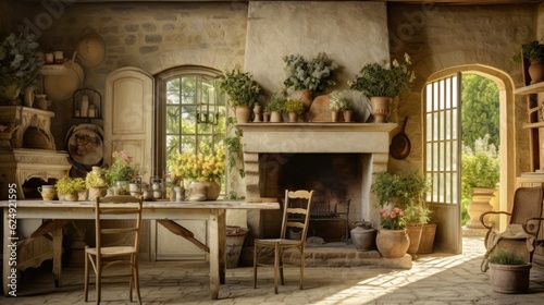  an Interior of a quaint French Chateau, country living, and interior Decor-themed image as a JPG horizontal format.Generative AI