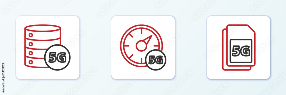 Set line 5G Sim Card, Server network and Digital speed meter icon. Vector Set line 5G Sim Card, Server network and Digital speed meter icon. Vector