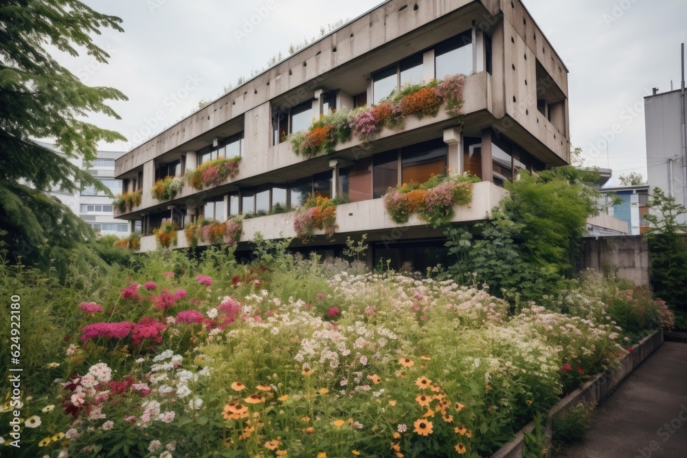 modern building, surrounded by blooming flowerbeds and greenery, created with generative ai