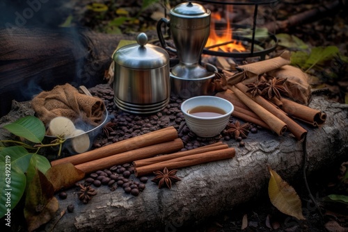 chai tea ingredients spread out on a log by the campfire, created with generative ai