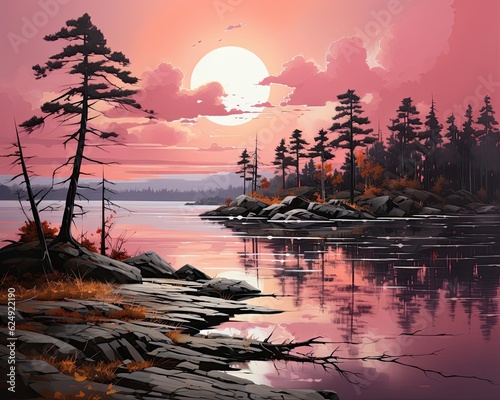 The painting features a sunset with trees, a pink sky, and a large sun. (Generative AI)