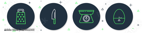 Set line Knife, Scales, Grater and Kitchen timer icon. Vector