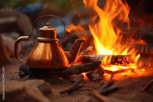 focus on campfire flames with coffee pot in background, created with generative ai